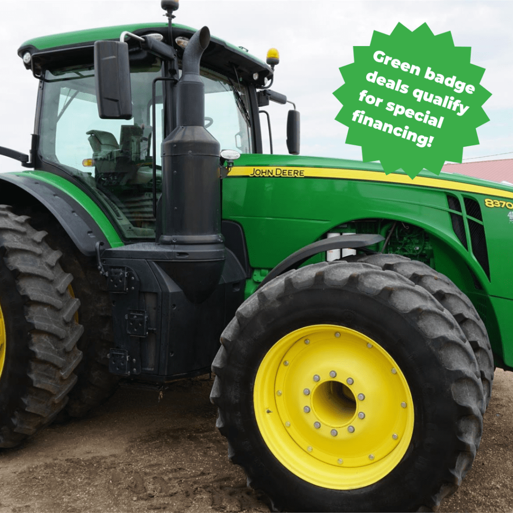 Great used JD8370R with 2,650 engine hours and features Active Command Steer, E23 Powershift transmission, and high-flow hydraulics. It includes 5 rear remotes, rear duals (480/80R50 159B R1W), and front duals (420/85R34 147B R1W). The interior is leather-trimmed, with a premium radio, rear PTO (1000), and a premium light package