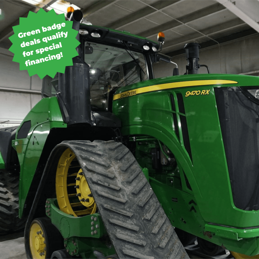 John Deere tractor with 18/6 Powershift Transmission, 13.5L engine, 10" color touch display, SF1 Receiver Starfire 6000, 5 remotes, Hi-Flow Hydraulics, Cat 4/4N Quick Hitch (15,300lb), Cat 5 Drawbar, Premium Cab CV III with Suspension, Premium Command Center, Premium Lighting, Leather Trim, and 4,111 hours. Includes refrigerator, right-hand rotating beacon, and 30" tracks with standard mid rollers.